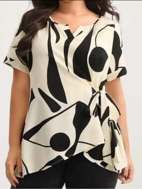 BloomChic Cream and Black Abstract Tie-Waist Blouse
